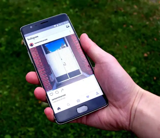 Instagram app on smartphone (grass background) (cropped)