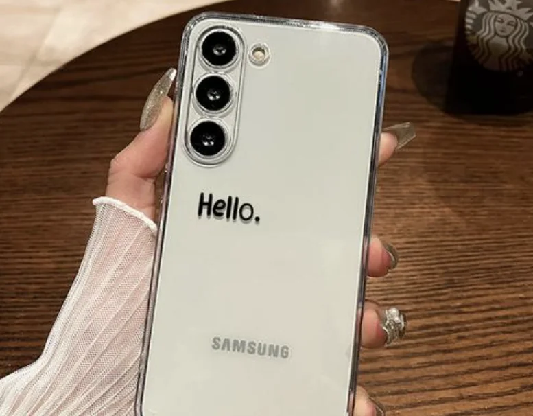 A Samsung smartphone in a transparent protective case