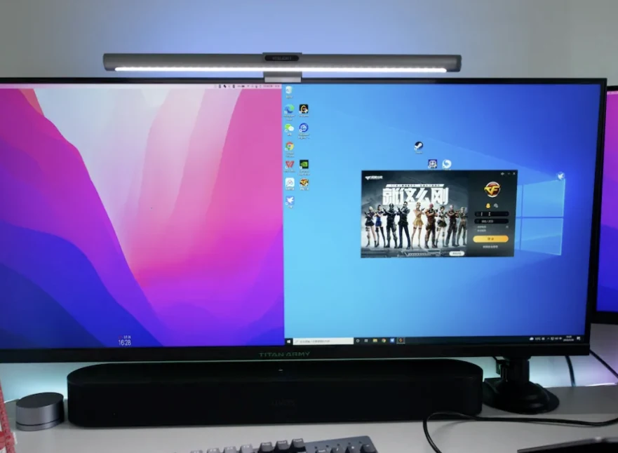 An ultrawide monitor displaying two desktop workspaces