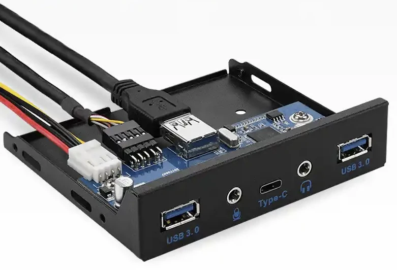 A desktop front panel with USB and audio ports and internal cables